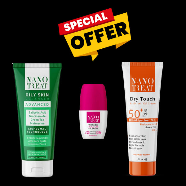 عرض حصري: نانوتريت واقي من الشمس جل كريم + رول اون برائحة الورد والفانيليا + غسول البشرة الدهنية